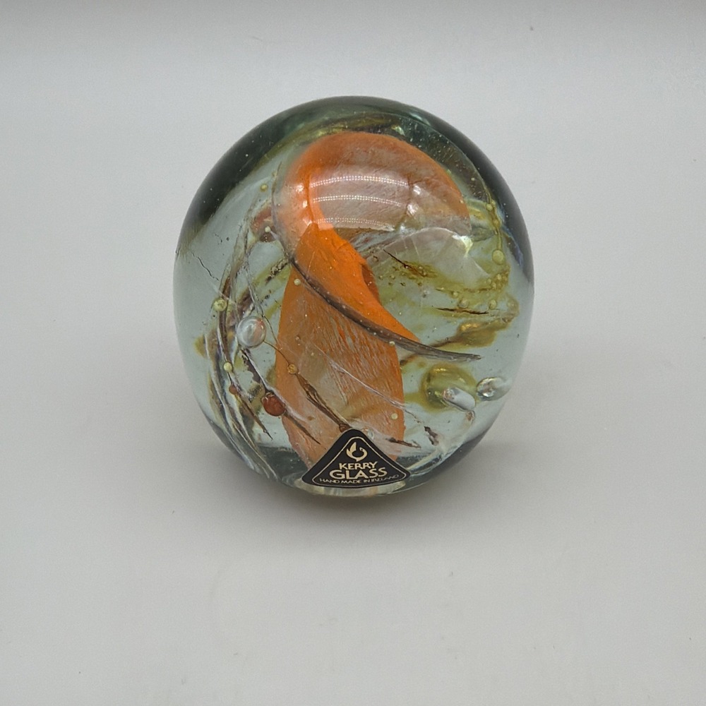 Vintage Kerry Glass Ireland Handmade Art Glass Paperweight Orange Swirl 2.5"